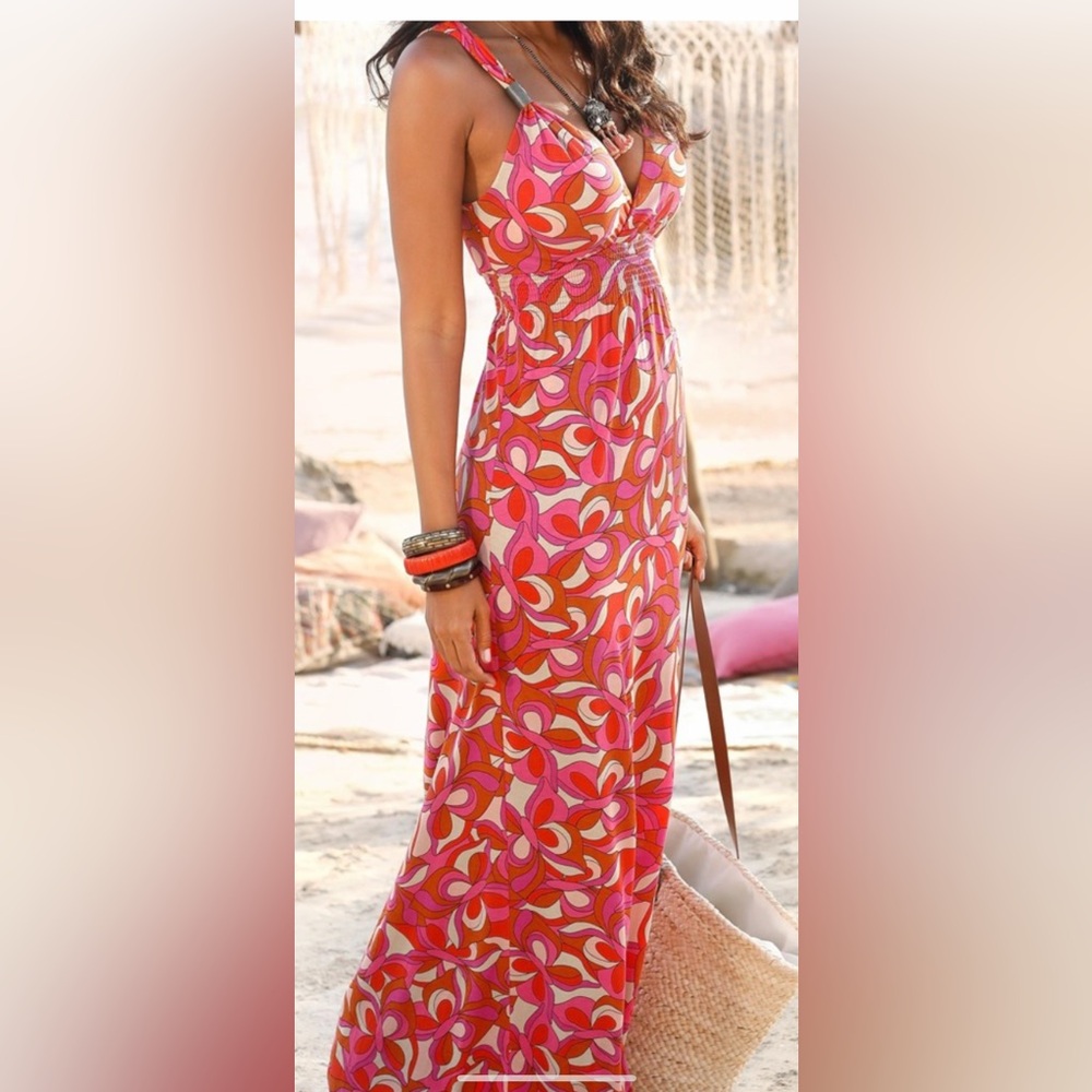 Red, Pinks and White Halter Maxi Sundress with Slit